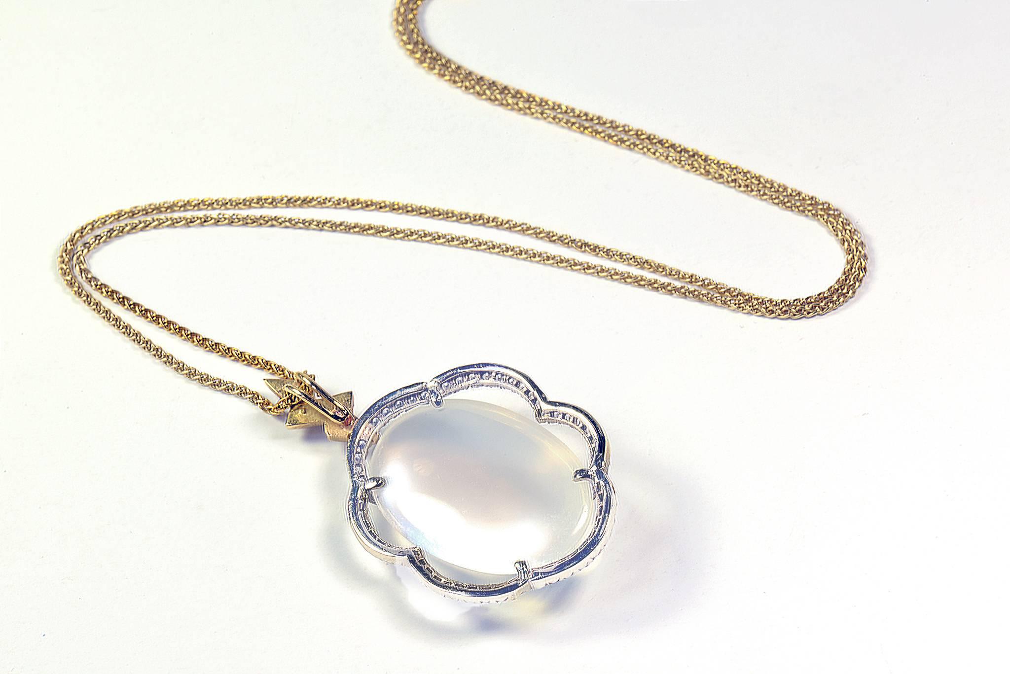Cabochon Marion Jeantet moon stone diamond Cloud Pendant with Gold Chain For Sale