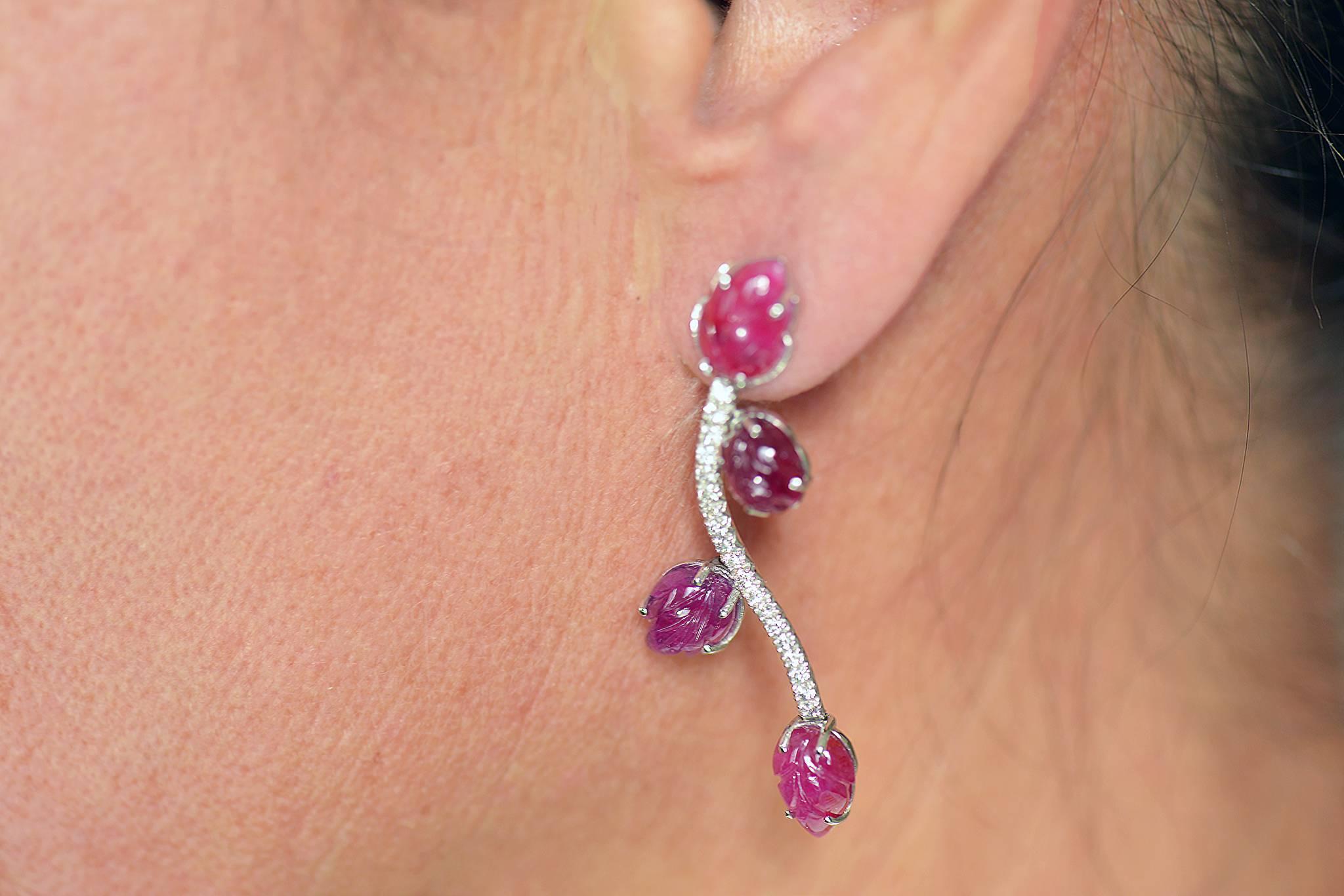 Contemporary Engraved Rubies Leaves, White Diamonds Earrings Created by Marion Jeantet