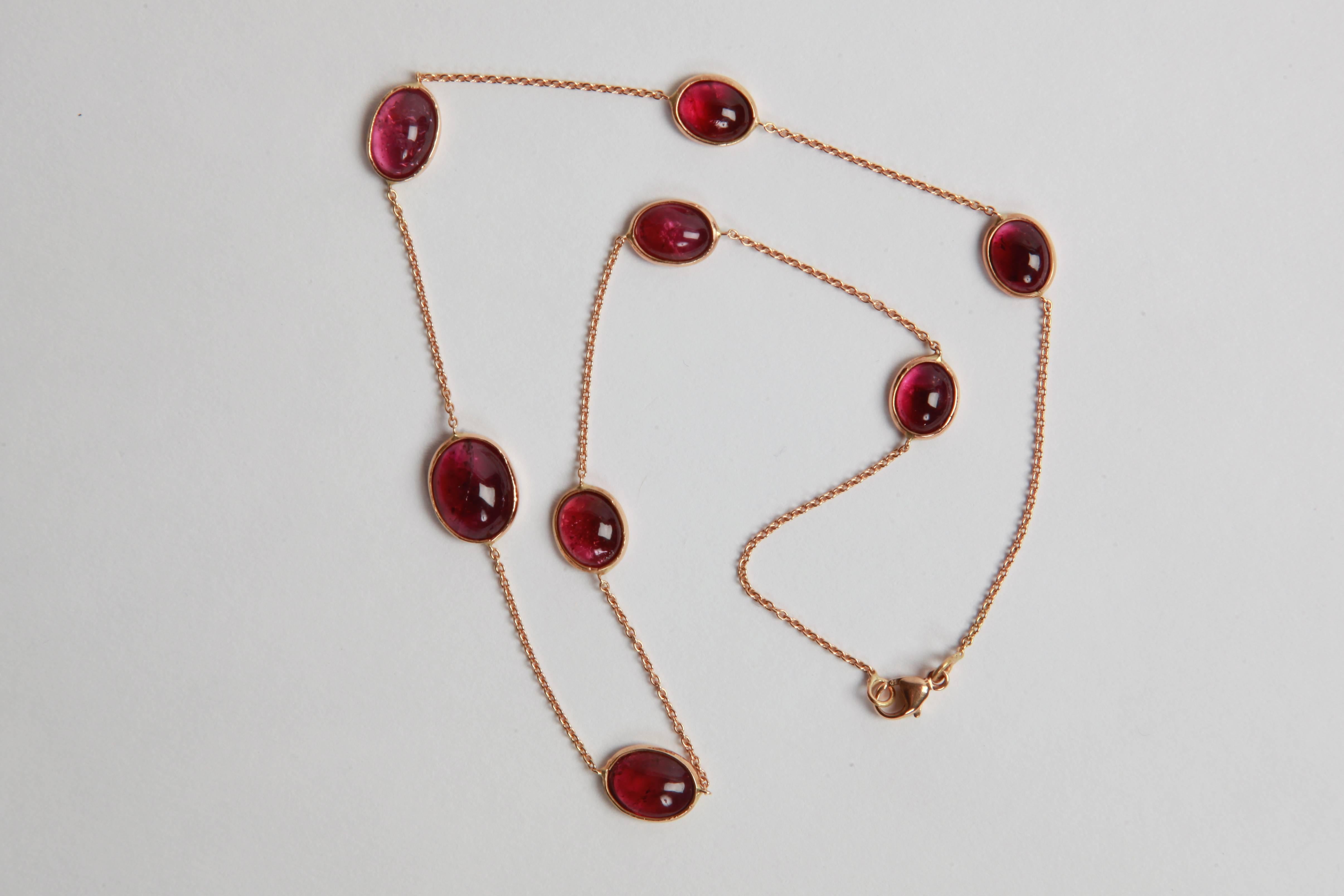 Contemporary Pink Tourmaline Cabochons and Gold Necklace Created by Marion Jeantet