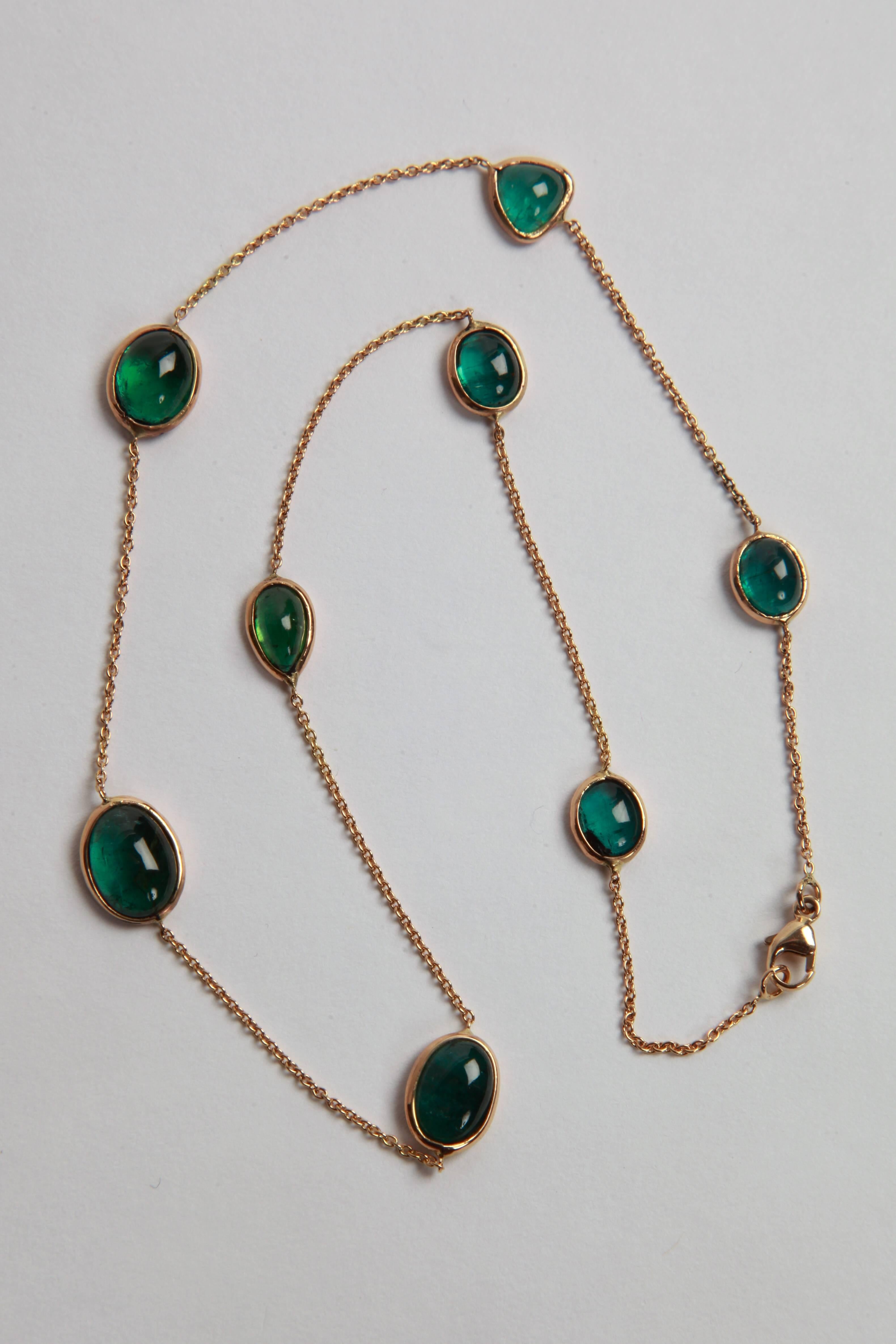 Women's Green Tourmaline Cabochons and Yellow Gold Necklace by Marion Jeantet