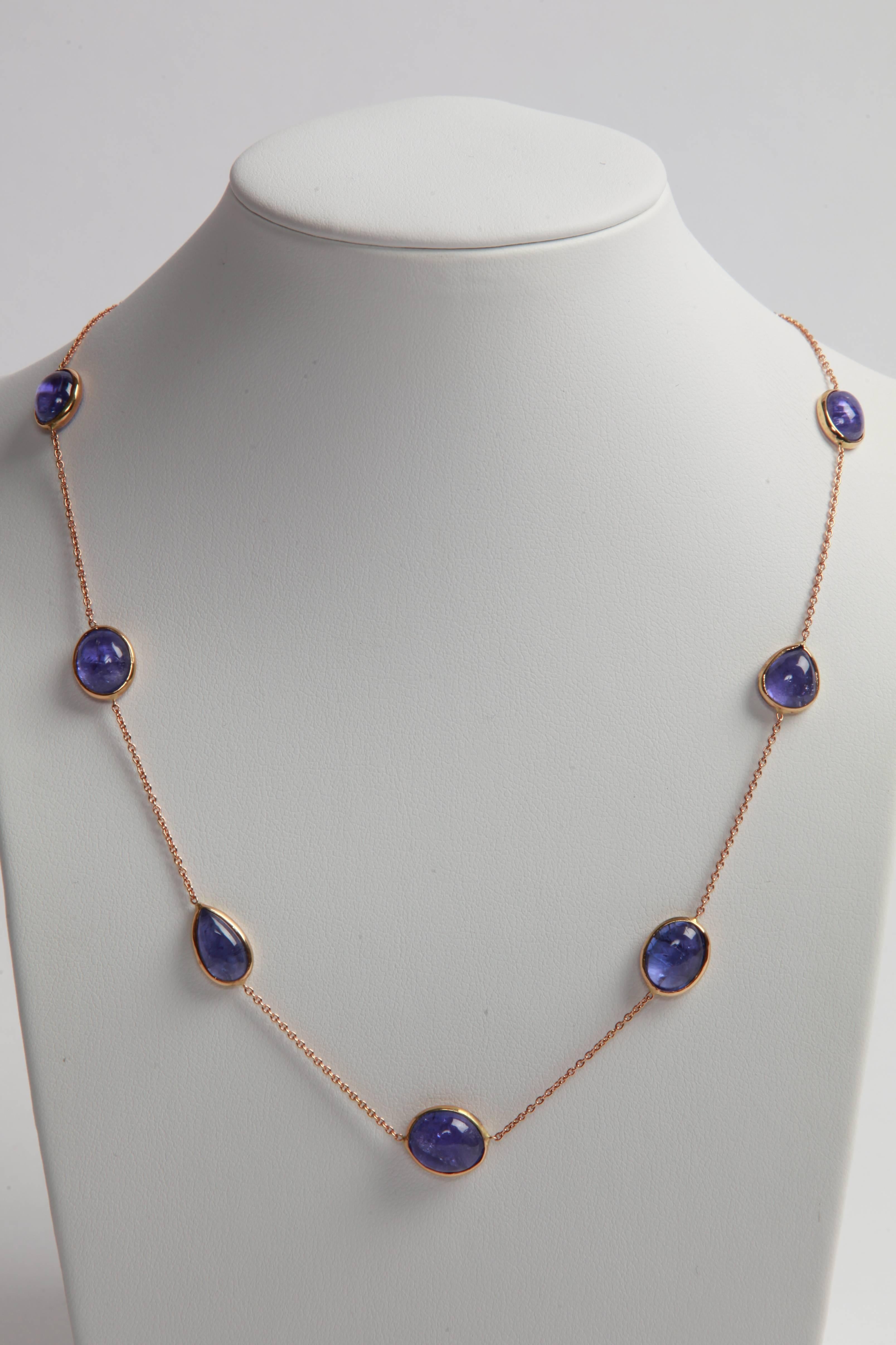 Women's 18 K Yellow Gold Necklaces with Tourmalines and Tanzanite Cabochons