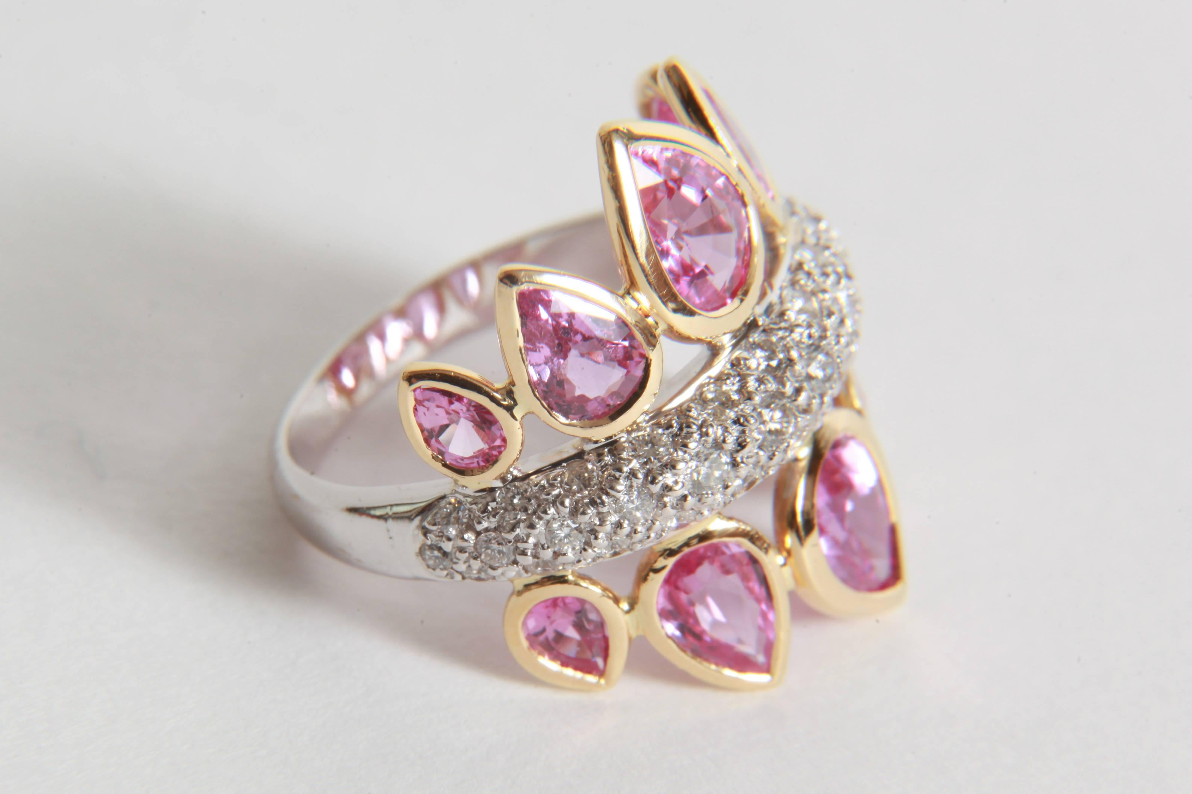 Women's 4, 74 Carats Pink Sapphires and 1 Carat White Diamonds Ring by Marion Jeantet