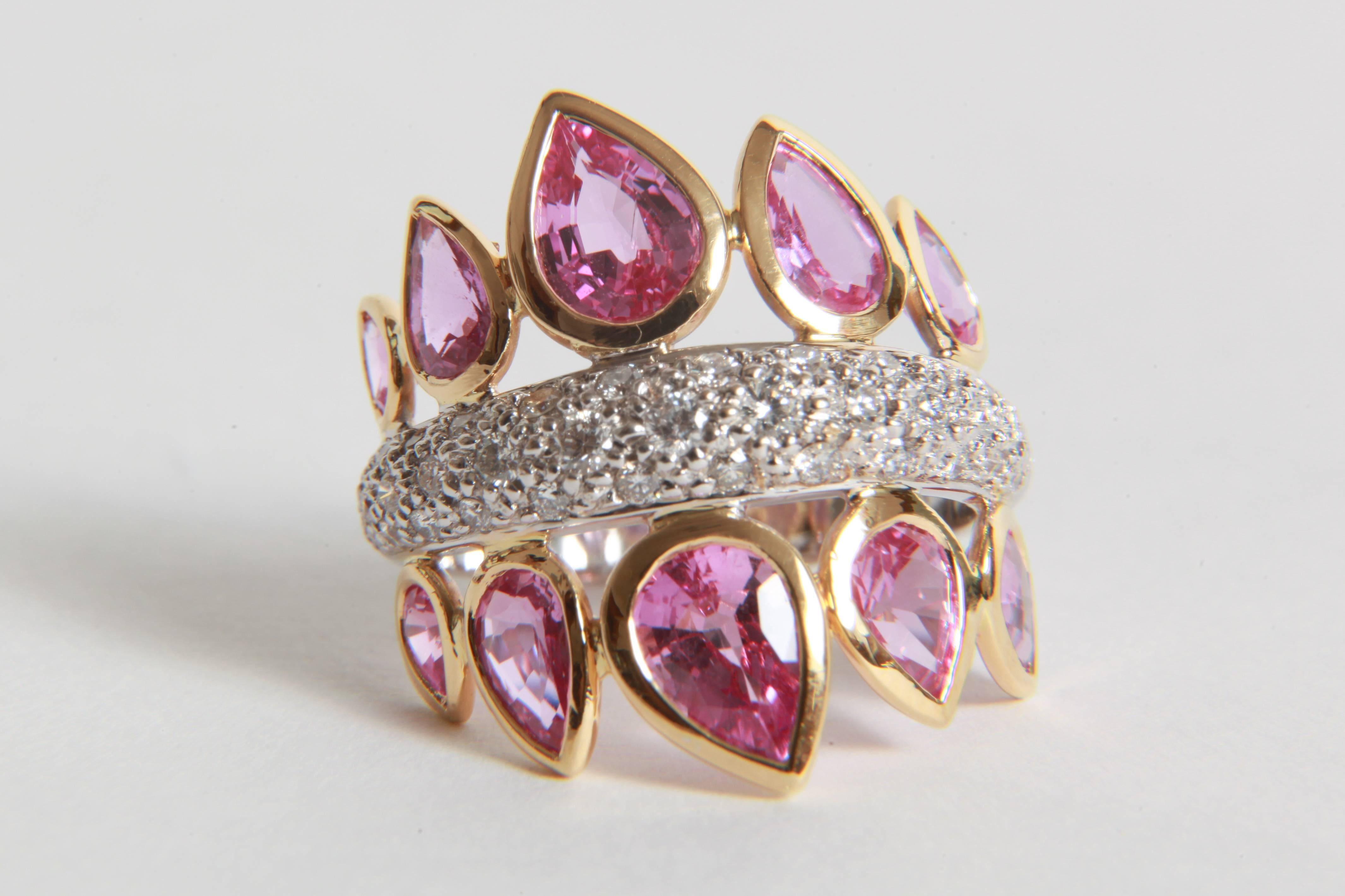 Pear Cut 4, 74 Carats Pink Sapphires and 1 Carat White Diamonds Ring by Marion Jeantet