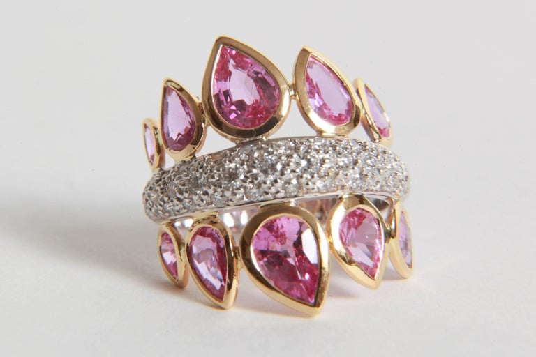 Pear Cut 4,74 Carats Pink Sapphires and 1 Carat White Diamonds Ring by Marion Jeantet