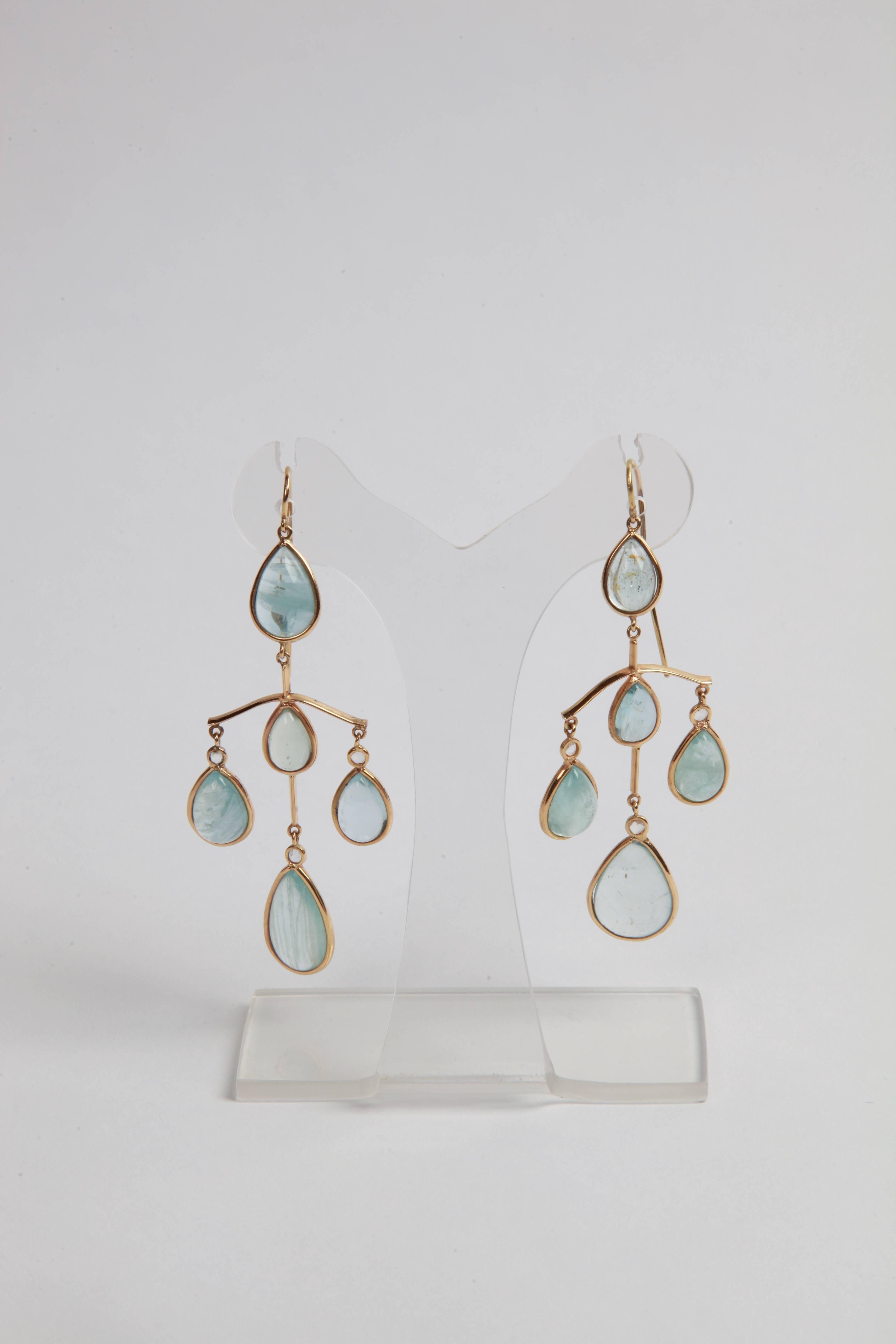 Women's 28 Cts Aquamarine Cabochons and 0, 15 Cts Diamonds 18K Gold Chandelier Earrings