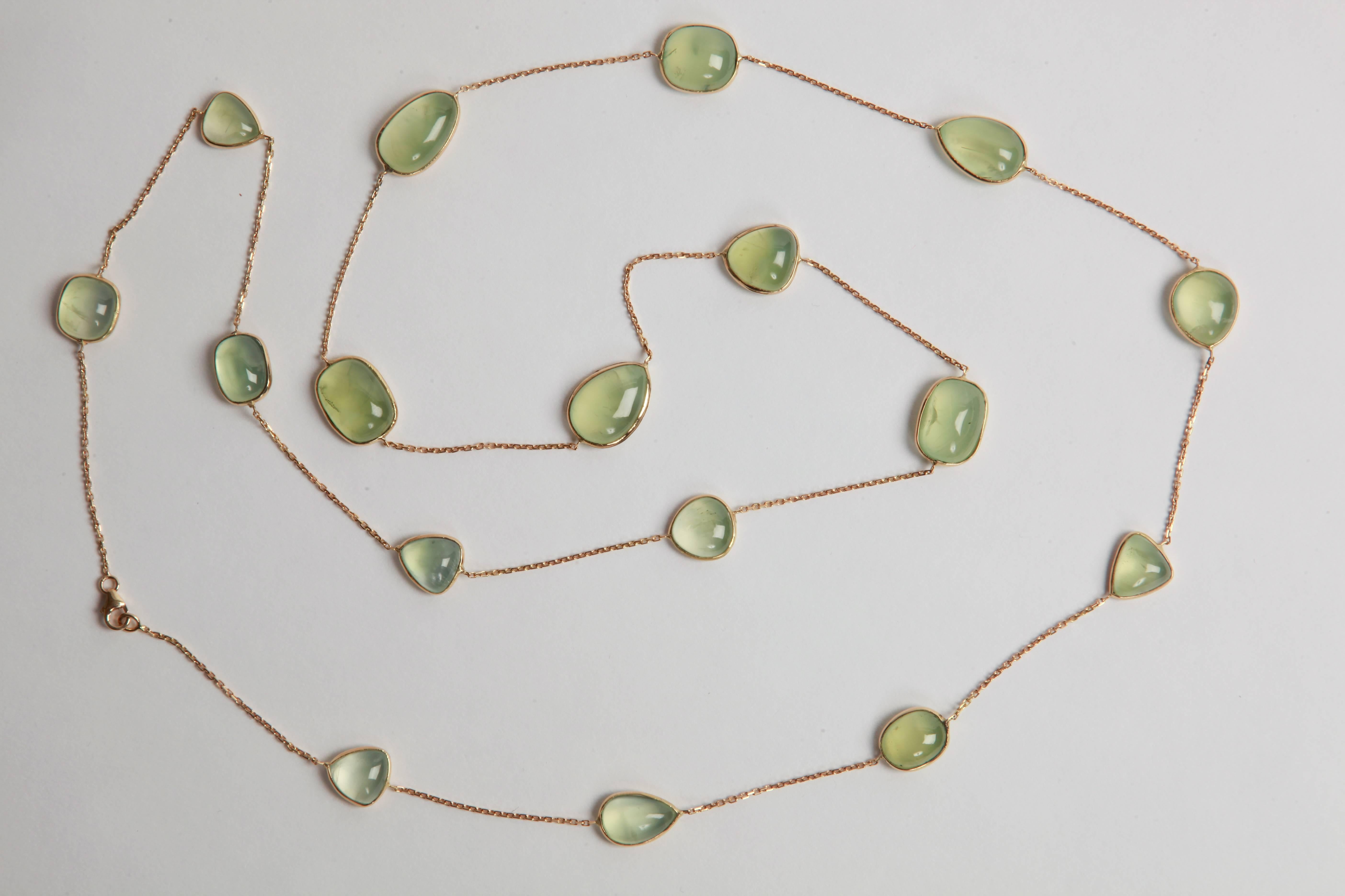 Contemporary  Prehnite Cabochons  Long Necklace by Marion Jeantet