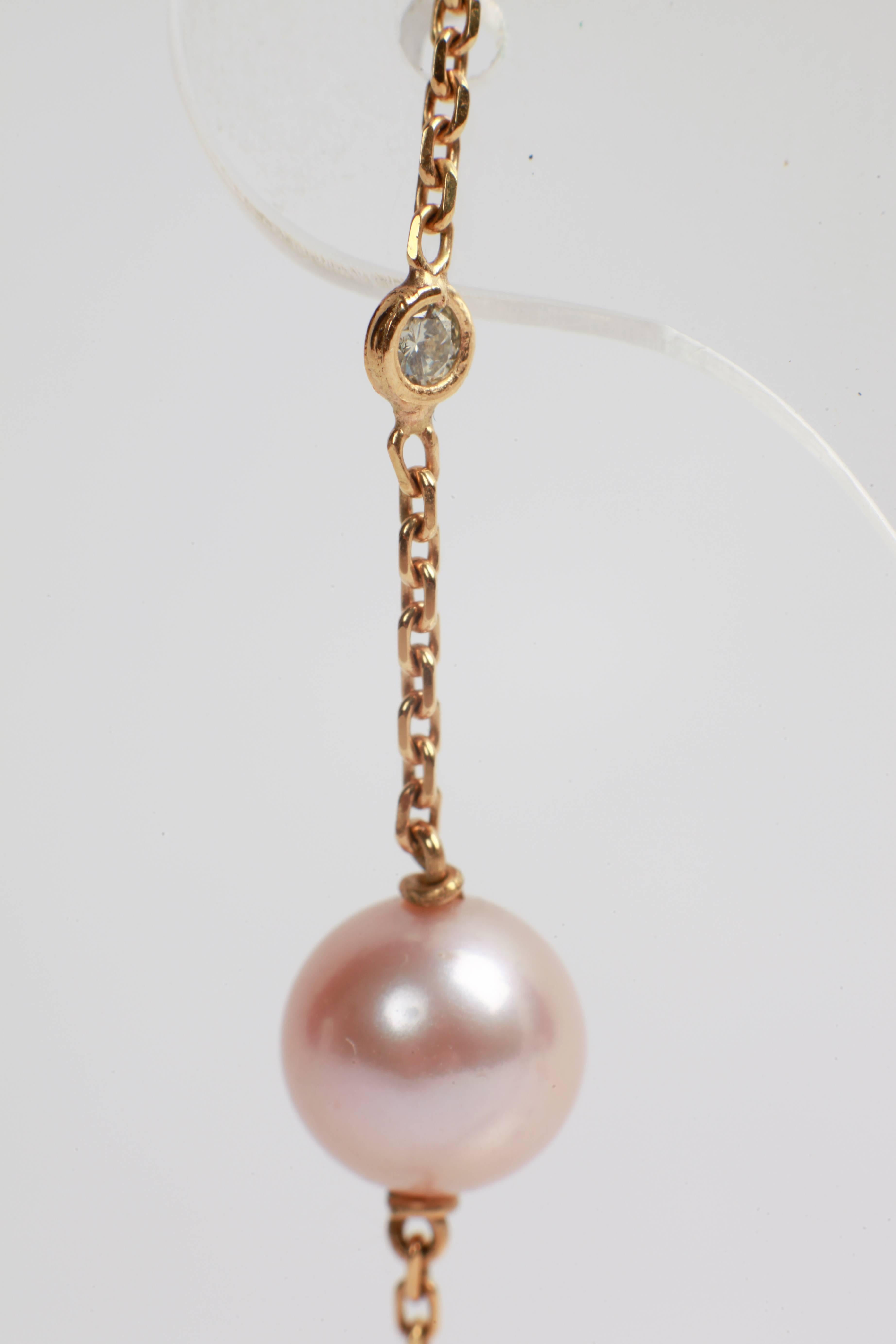 Round Cut Pearls, Diamonds, 18 Karat Gold Dangle Earrings Created by Marion Jeantet For Sale