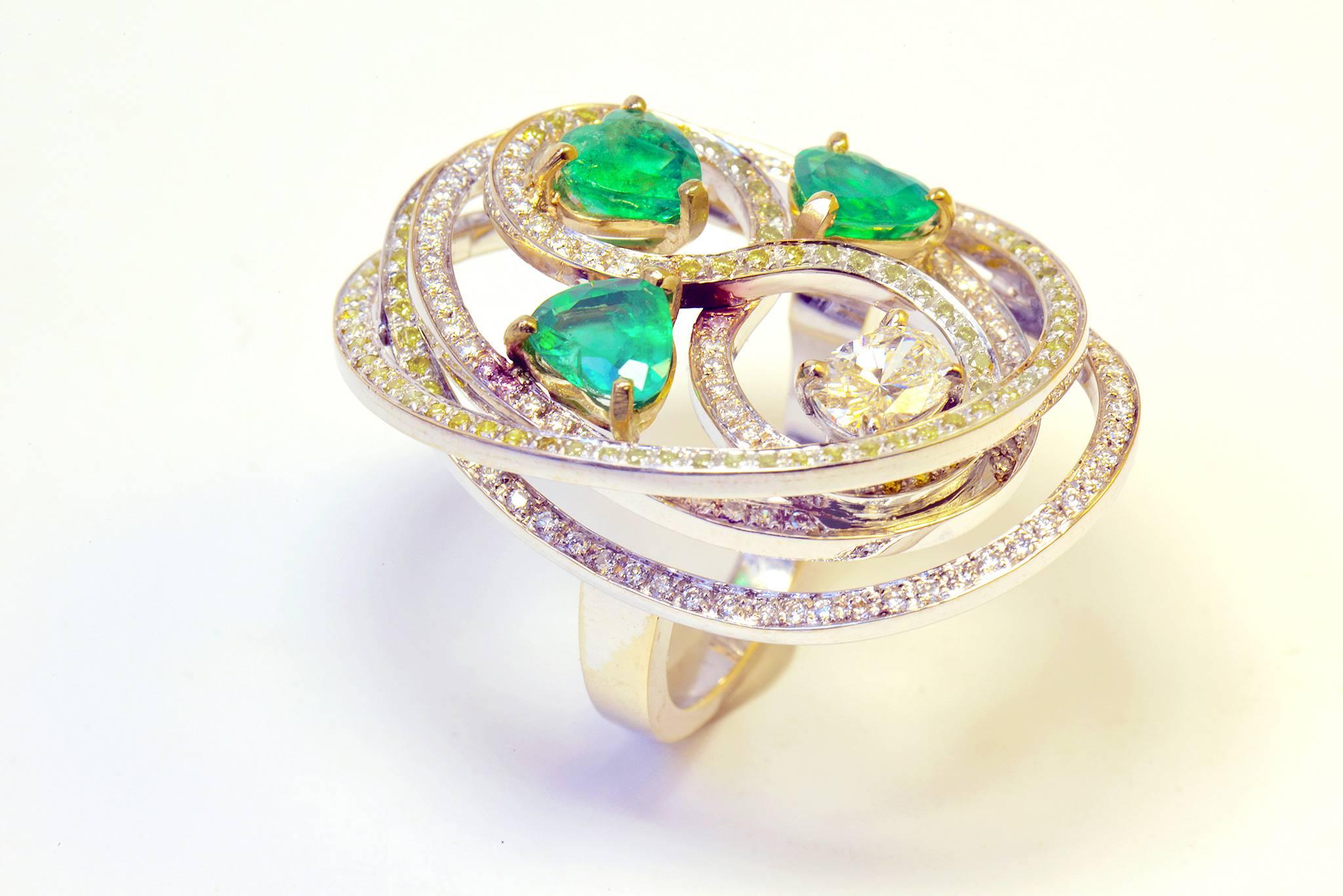 Women's Tourbillon Ring in 18K White Gold Set With Emeralds and Diamonds For Sale