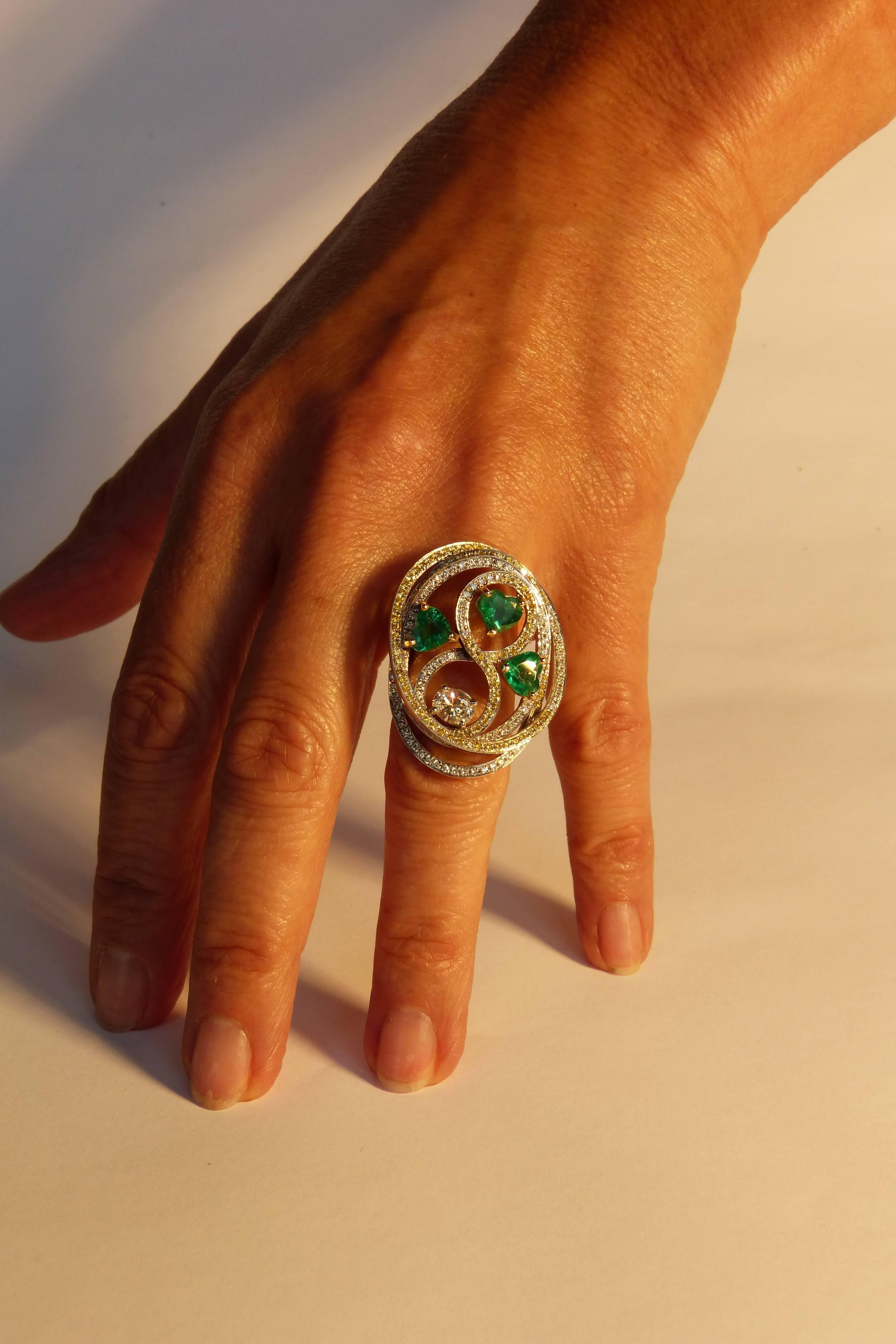 Tourbillon Ring in 18K White Gold Set With Emeralds and Diamonds For Sale 3