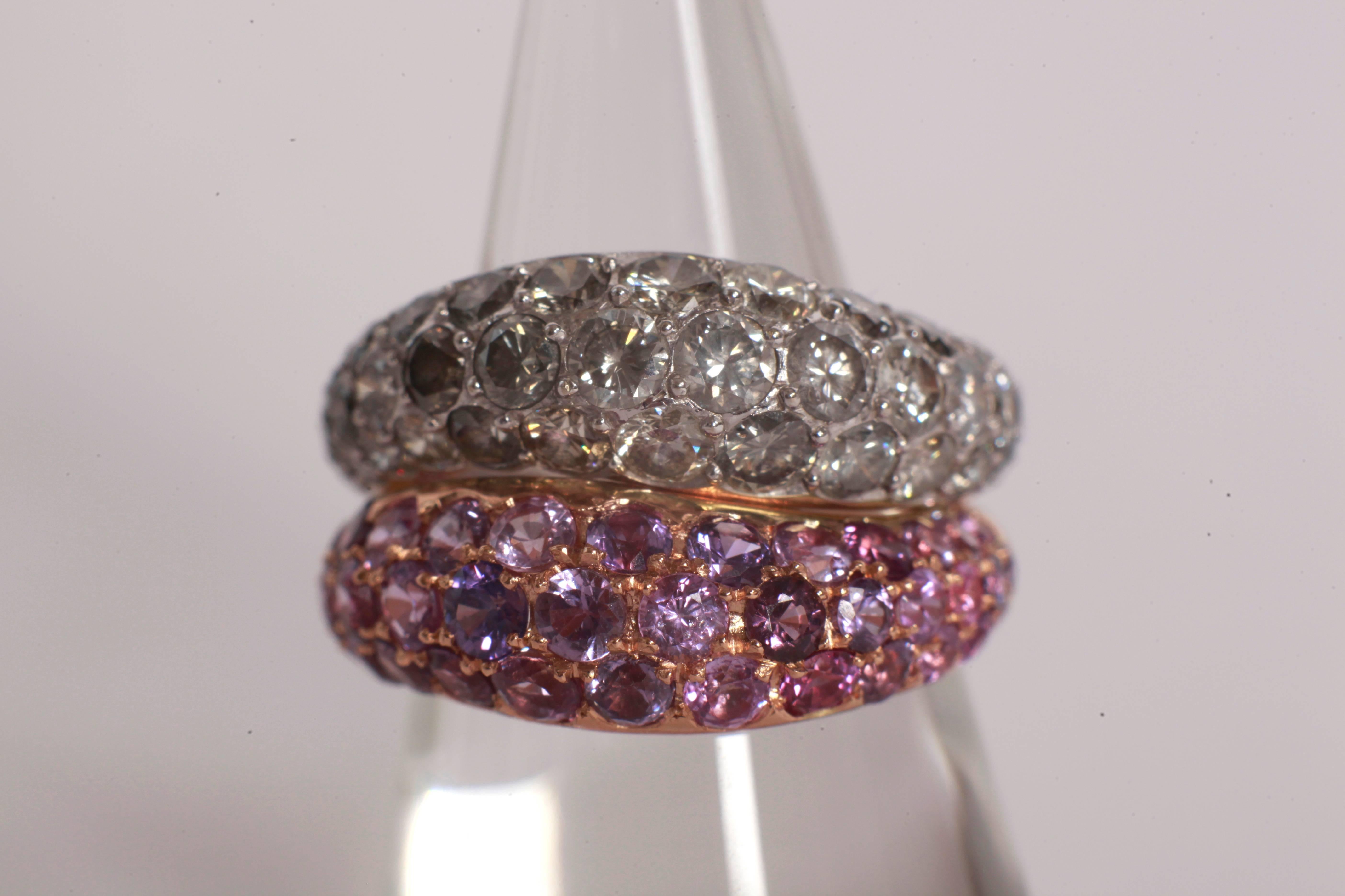 Contemporary Duo of Wavy Pave-Set Pink Sapphire and Grey Diamonds Band Rings 18 K Gold  For Sale