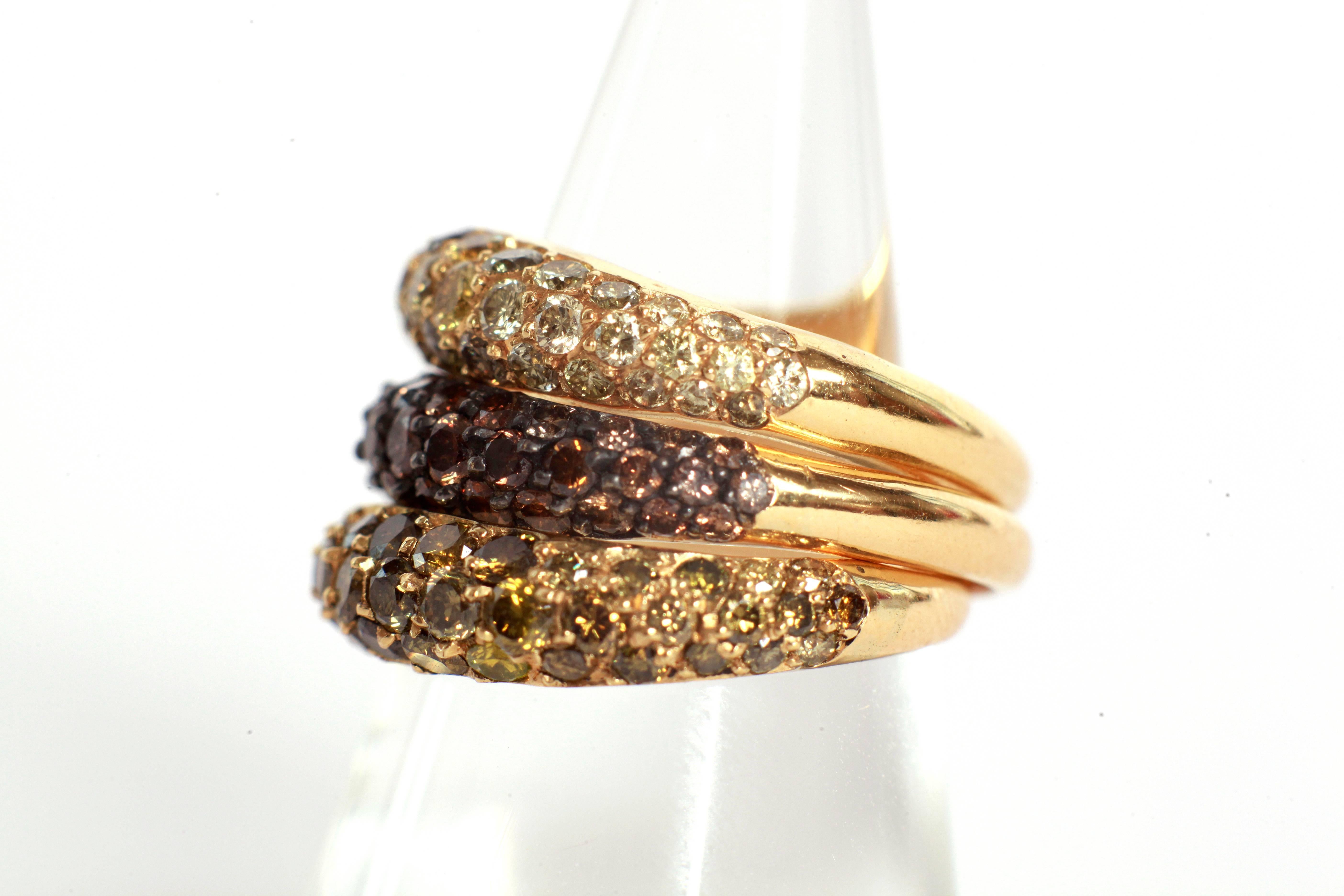 Contemporary Trio of Wavy Yellow, Chocolate and Green Diamonds 3, 31 Ct Pave-Set Band Rings  For Sale