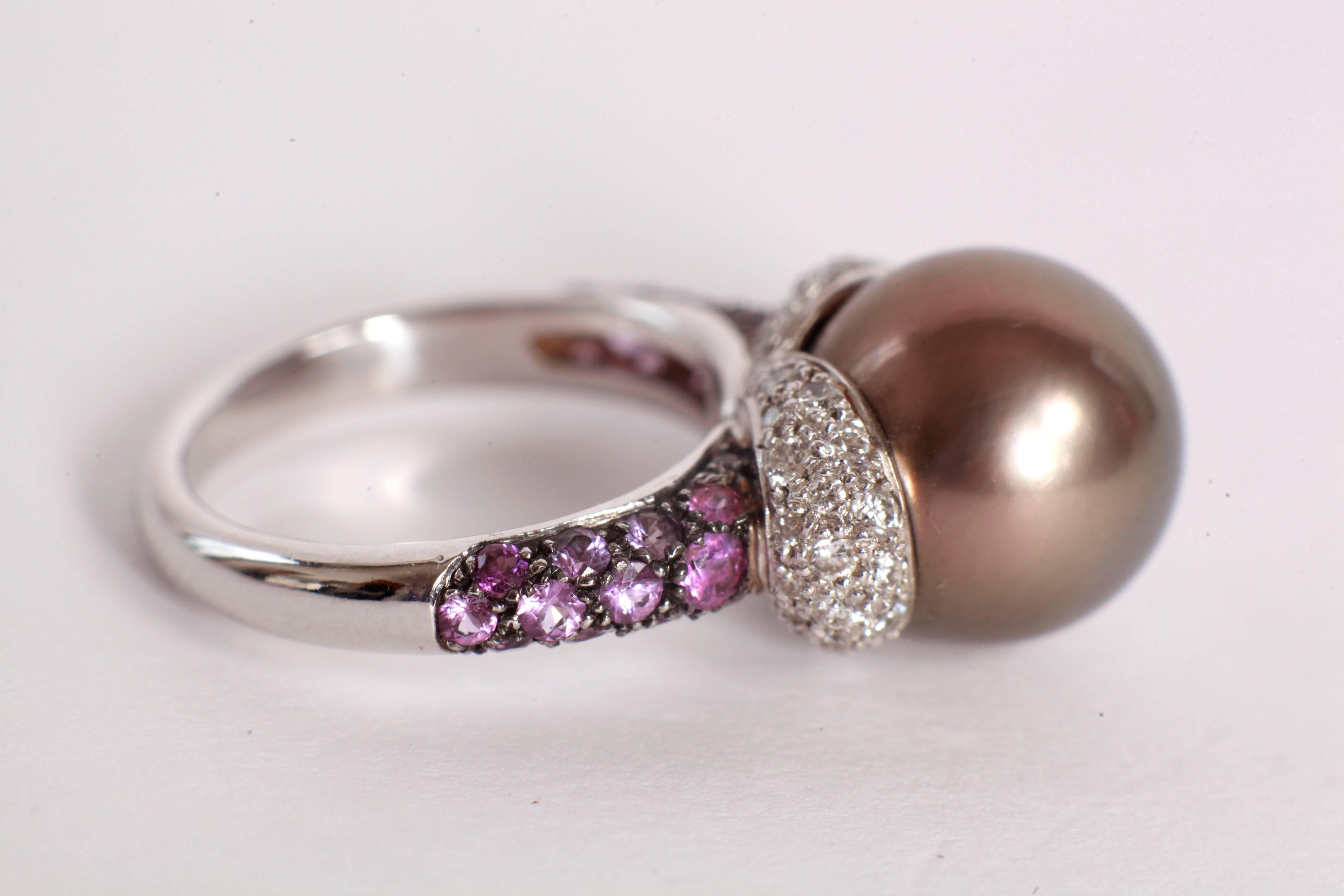 Women's Unique Ring With a Tahitian Pearl and Purple Sapphires and Diamonds Pavage For Sale