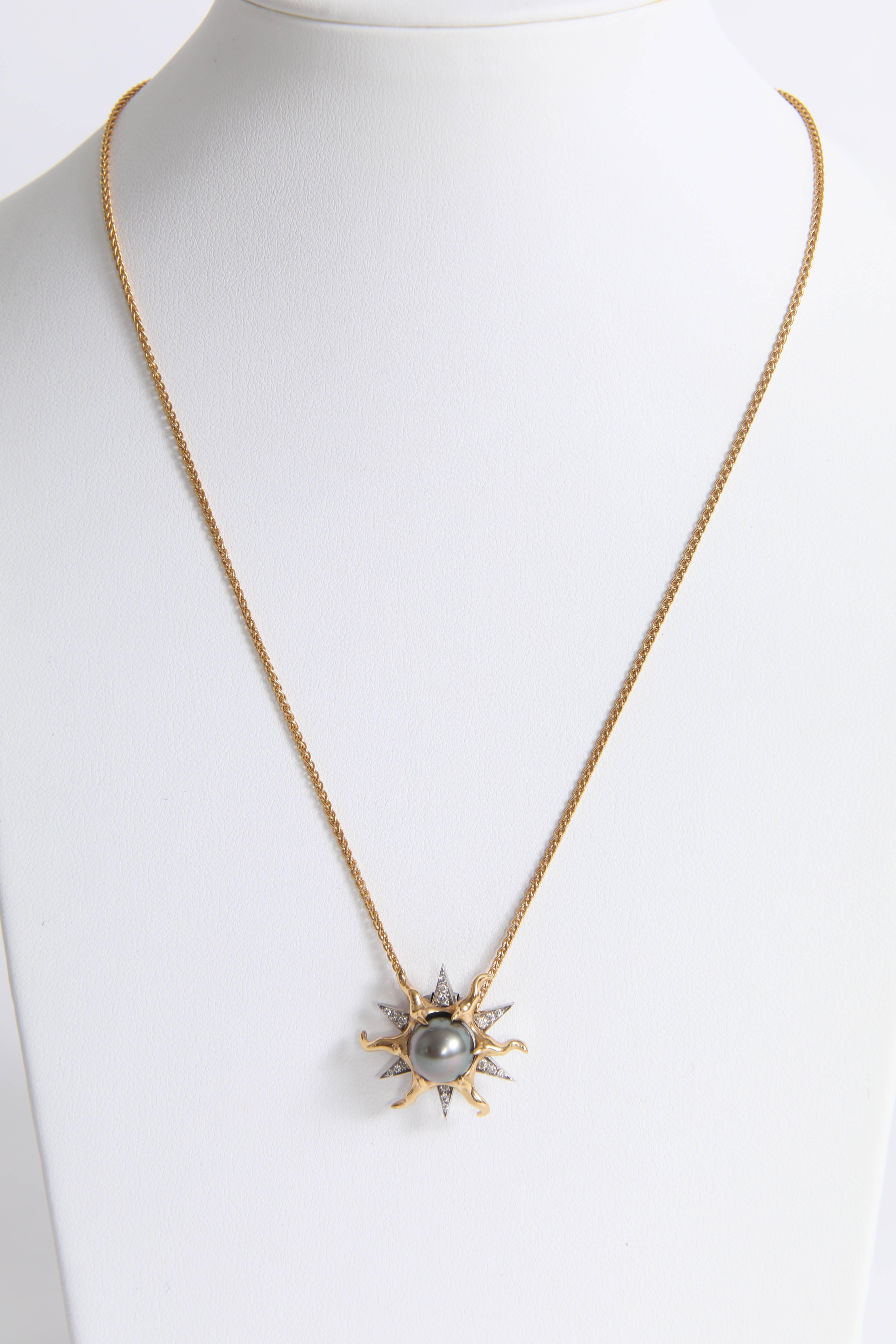 Contemporary  Tahitian Pearl on a White and Yellow Gold Sun Pendant by Marion Jeantet For Sale