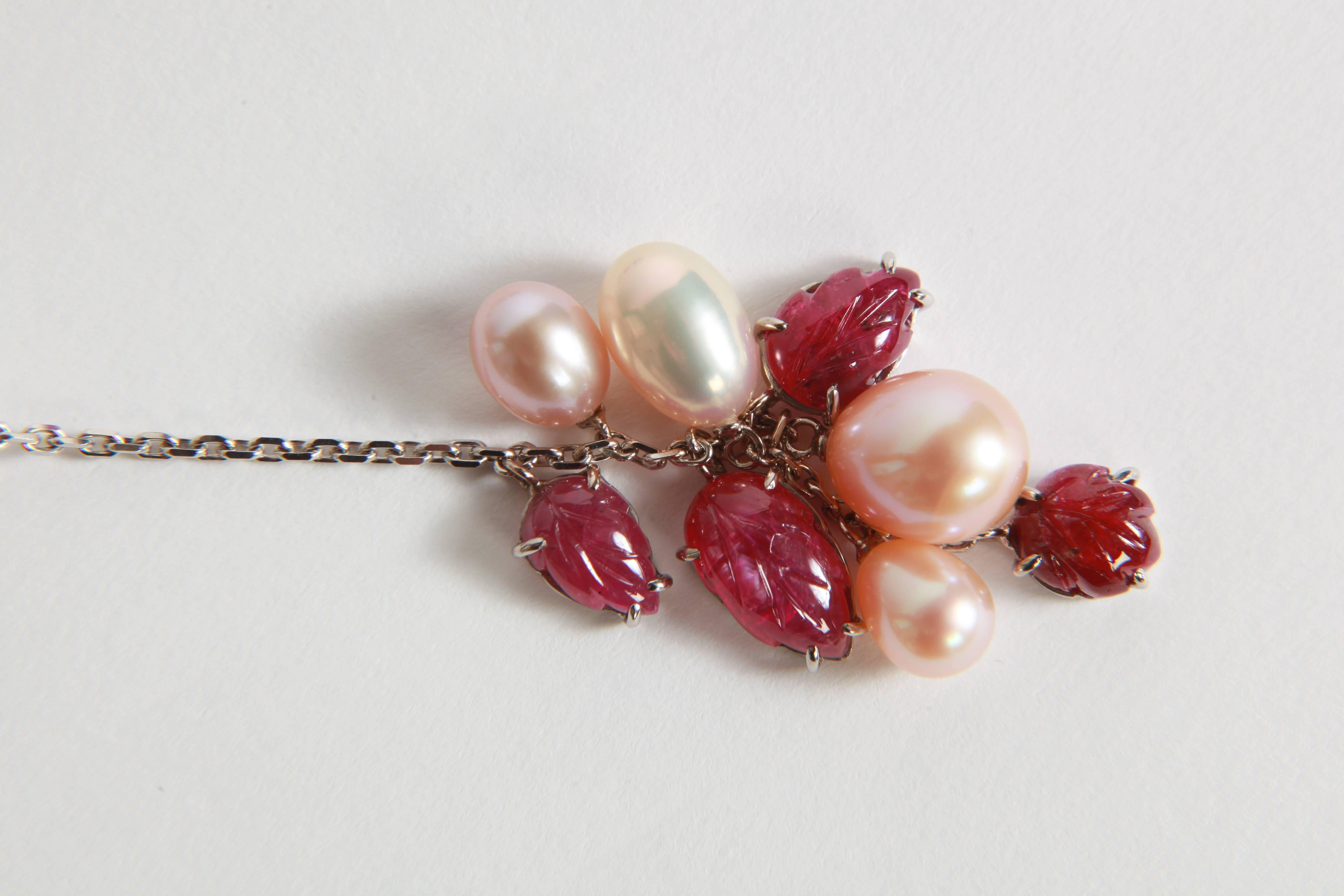 Contemporary Engraved Rubies and Pearls on a Long White Gold Chain by Marion Jeantet For Sale