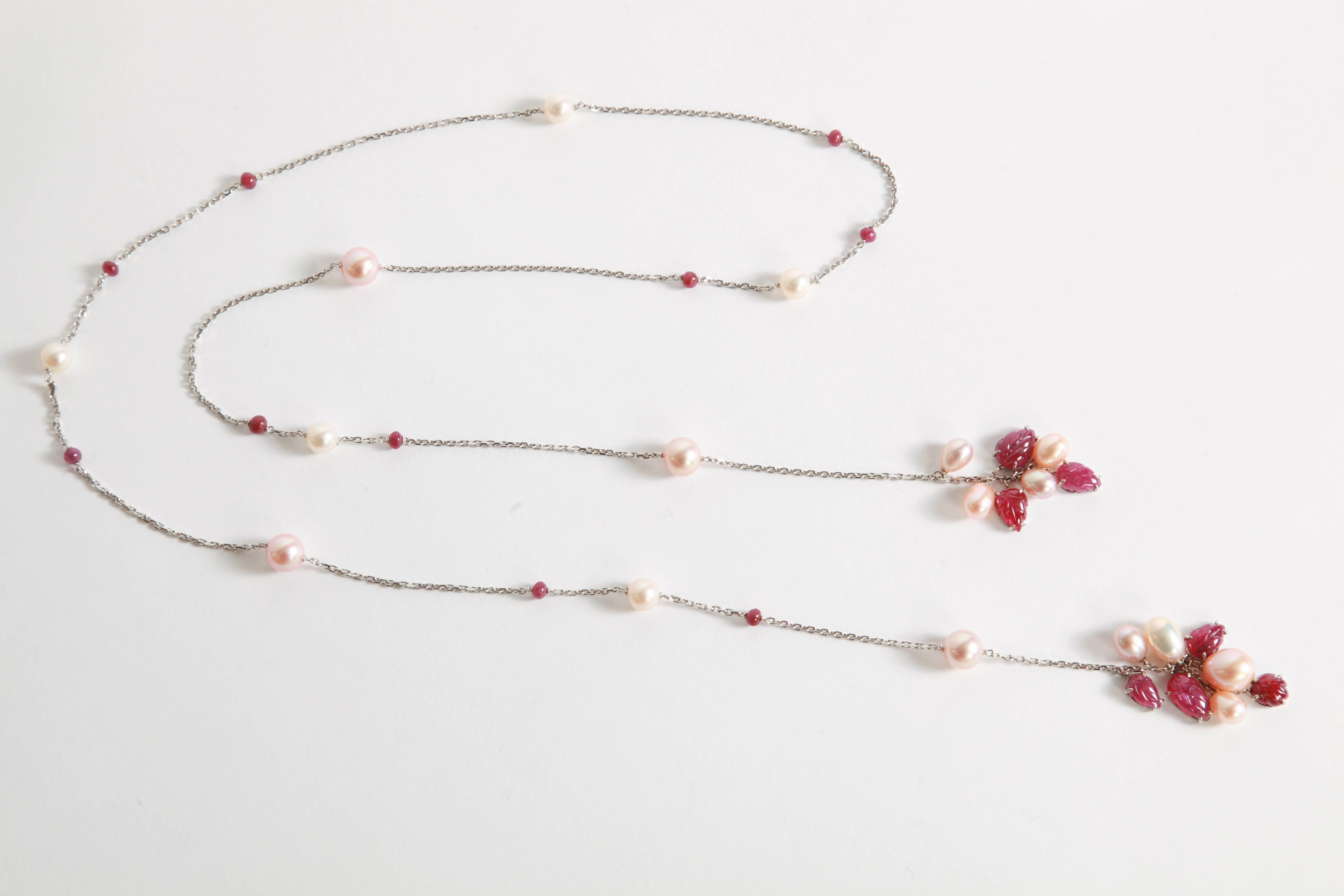 Briolette Cut Engraved Rubies and Pearls on a Long White Gold Chain by Marion Jeantet For Sale