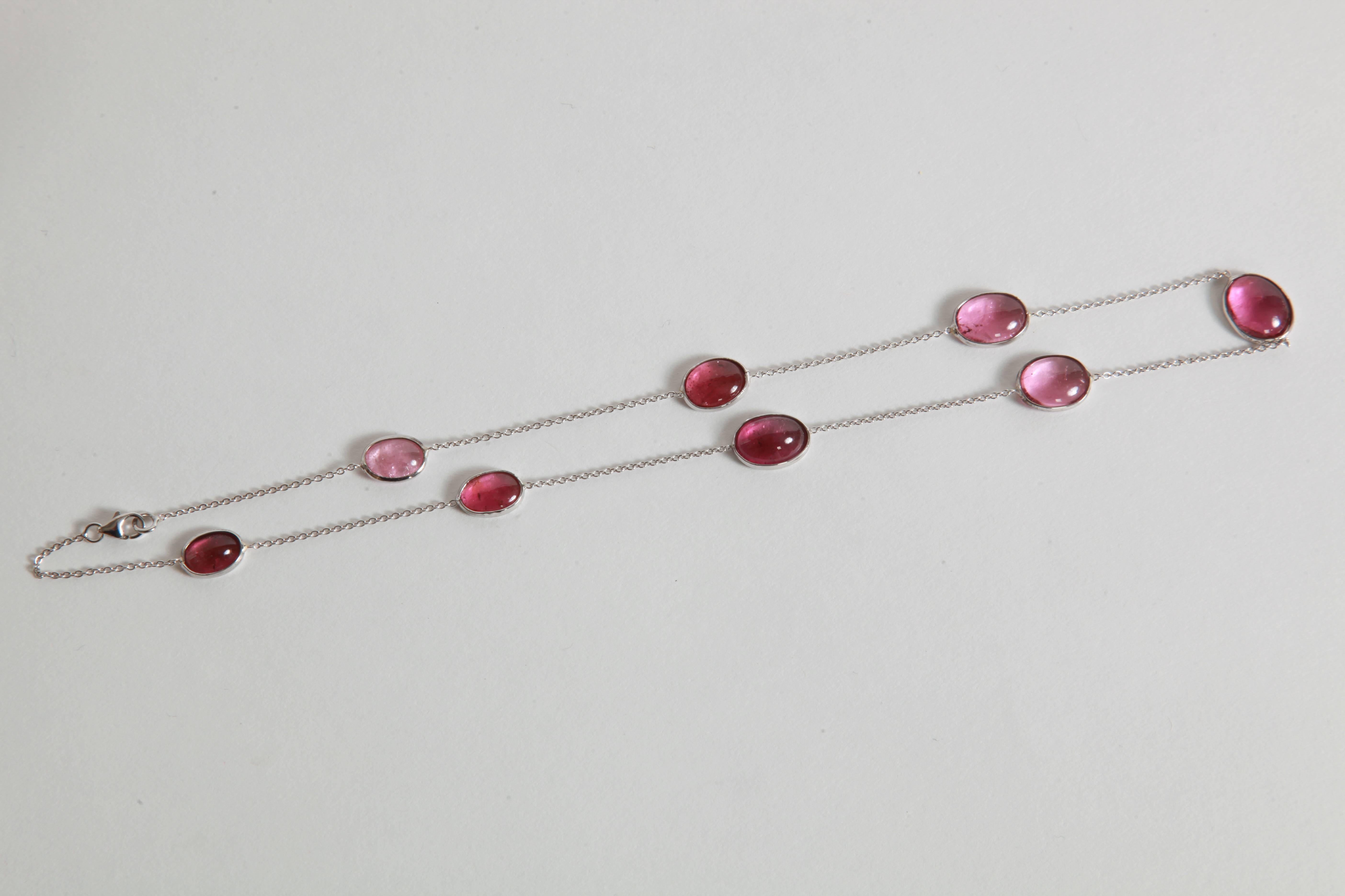 Cabochon Three White Gold Necklaces with Pink Tourmalines, Opales, Tanzanites For Sale