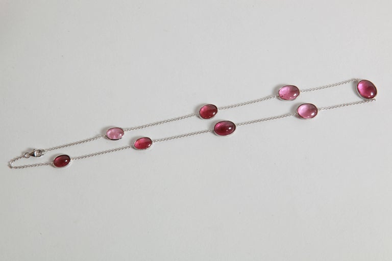 Cabochon Three White Gold Necklaces with Pink Tourmalines, Opales, Tanzanites For Sale