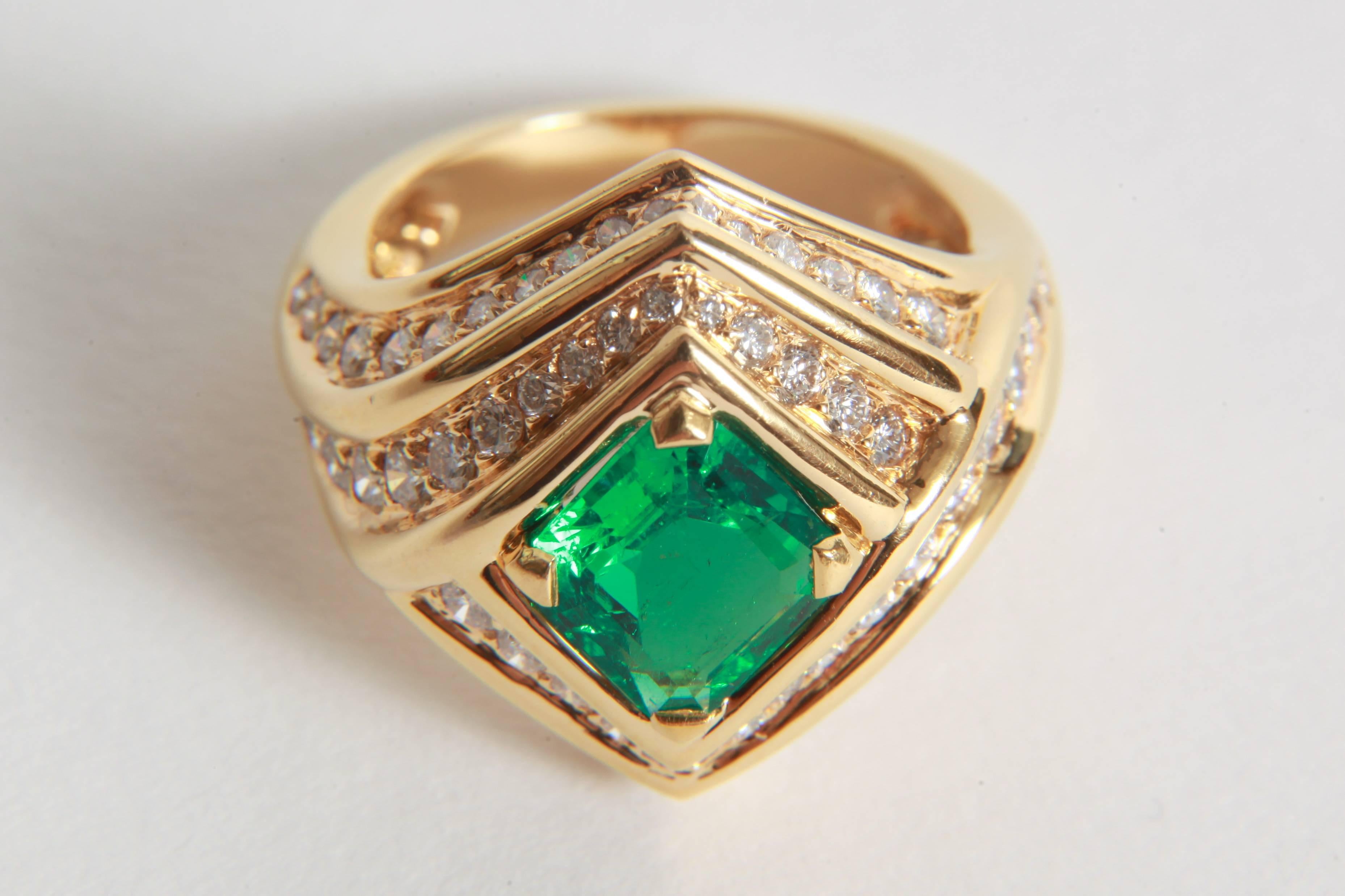 Women's 18K Yellow gold, Emerald 1, 23 carats and Diamond Ring by Marion Jeantet For Sale
