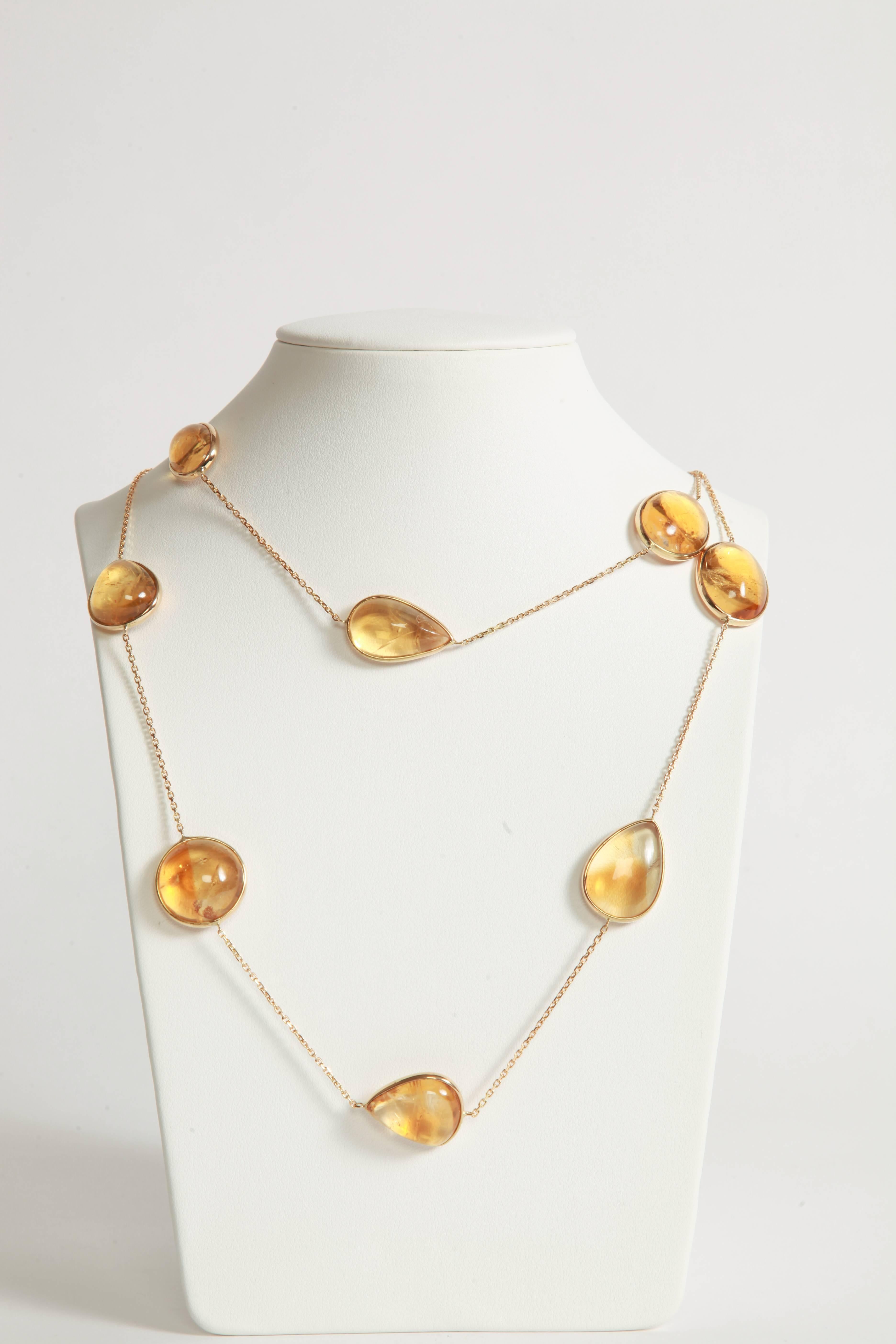 Honey colored necklace, 83.5cm long.
Twelve citrine cabochons weight: 193.74carats on a 18K yellow gold chain.
Total weight: 47.82 grams
Created by Marion Jeantet, French assay mark
Price without local taxes
