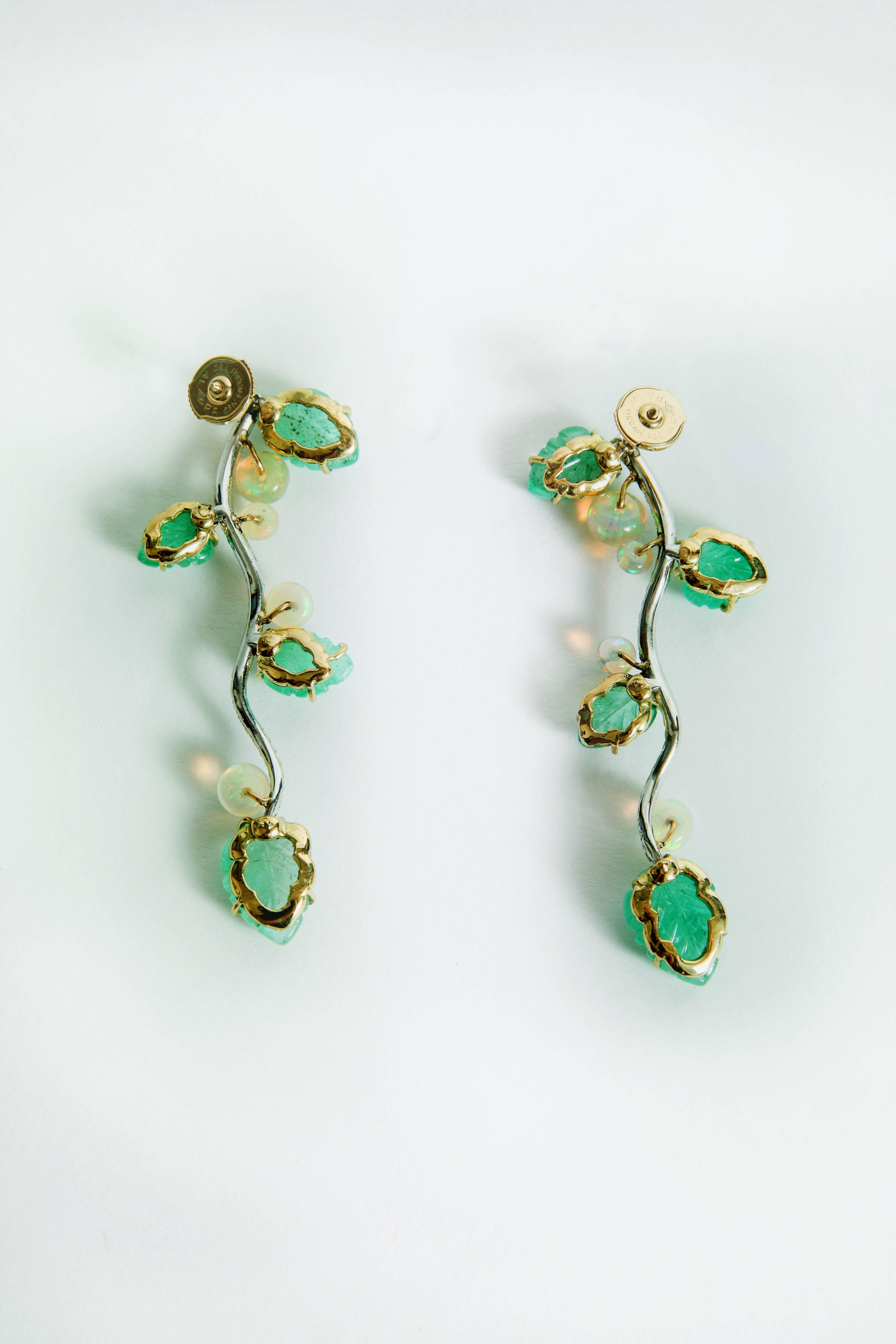 Contemporary Engraved Emerald Leaves, Opals Beads and Diamonds Earrings by Marion Jeantet For Sale