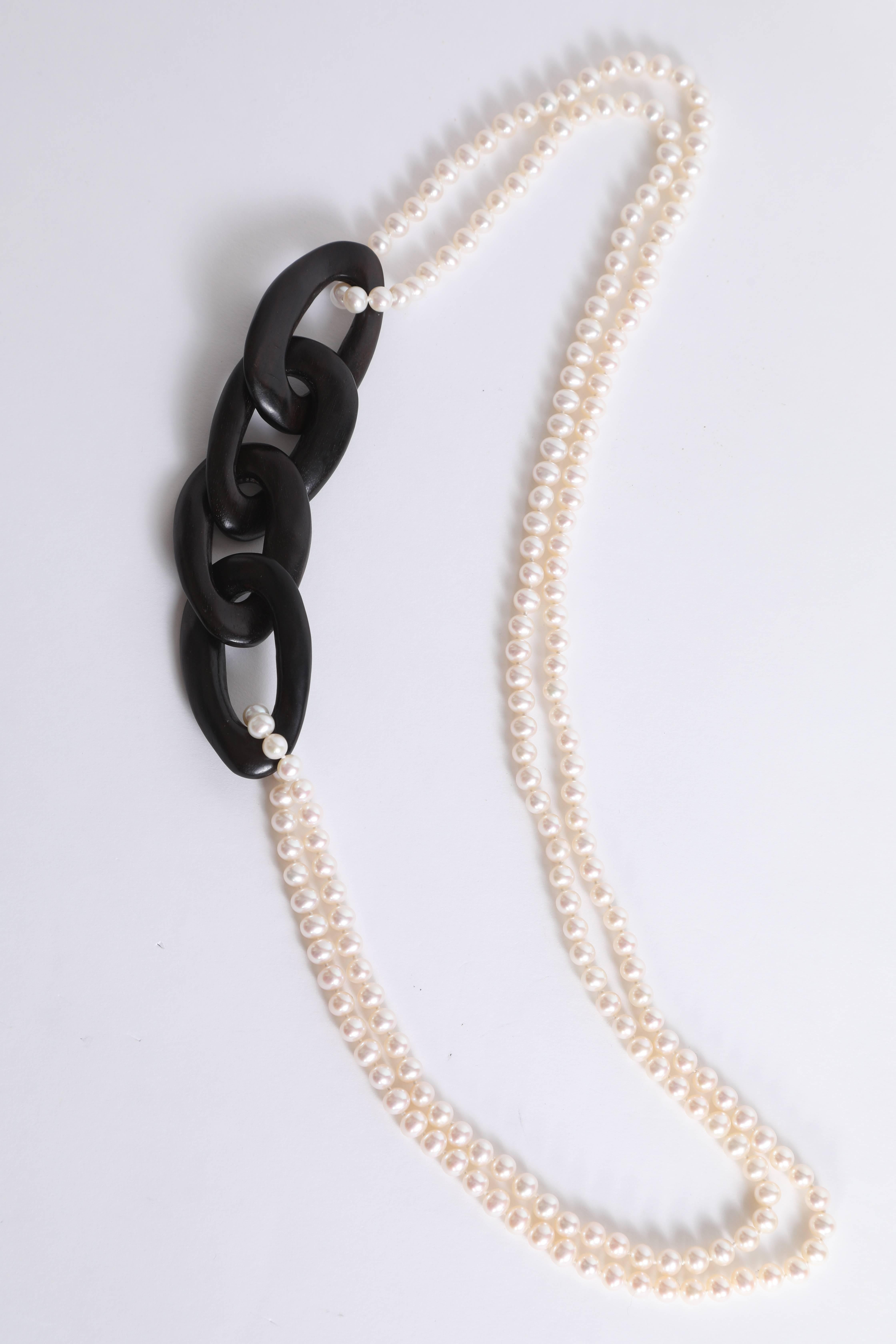 Contemporary Ebony Wood and Freshwater Pearls Sautoir by Marion Jeantet