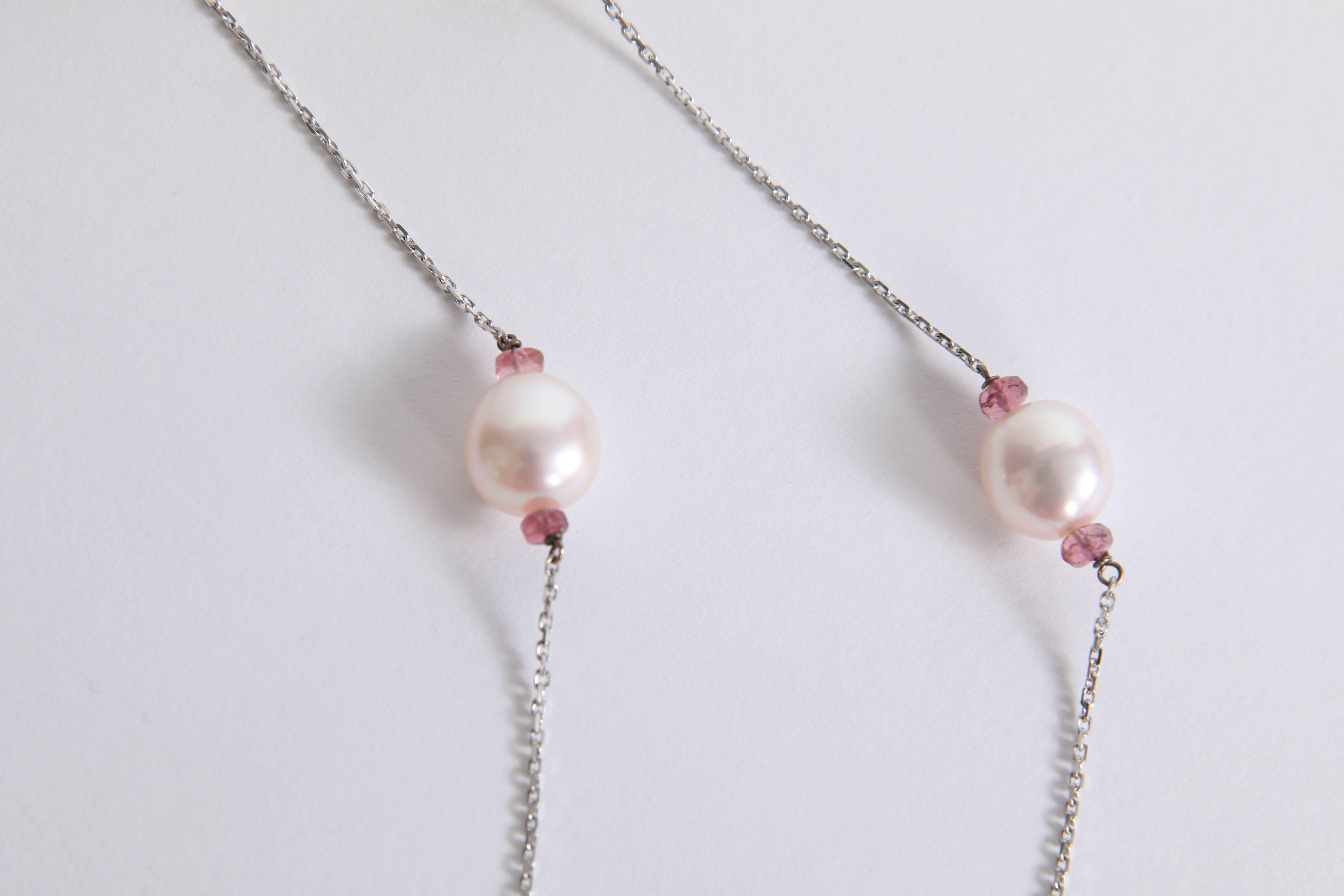 Contemporary Pearls Necklace with Pink Tourmalines Faceted Washers by Marion Jeantet