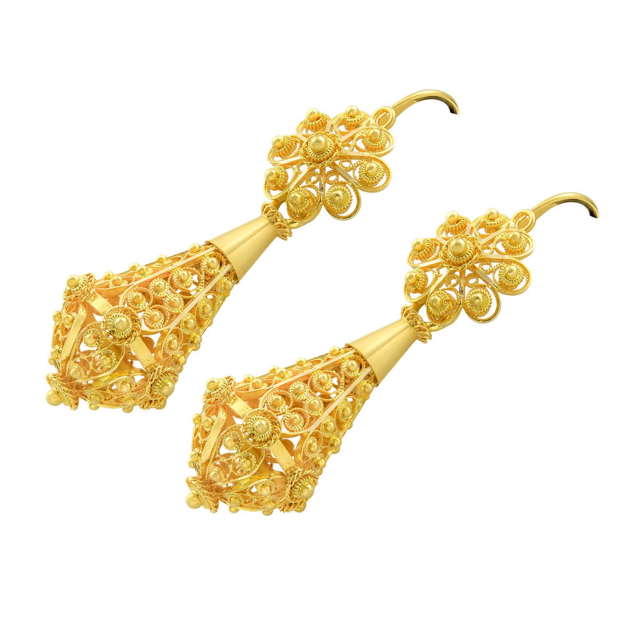 A pair of gold filigree drop earrings, the top stylised filigree flower with an ornate filigree pear shaped drop, all in 18 carat yellow gold, hallmarked London 2014, gross weight 9.30 grams