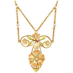 Art Nouveau Enamel Pearl Diamond Gold Floral Necklace