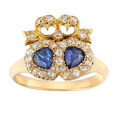 Victorian Twin Heart Sapphire Diamond Gold Ring 5