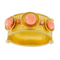 Antique Victorian Etruscan Revival Coral Gold Bangle