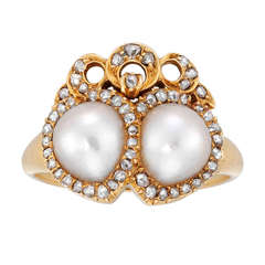 Late Victorian Pearl Diamond Gold Twin Heart Cluster Ring 6