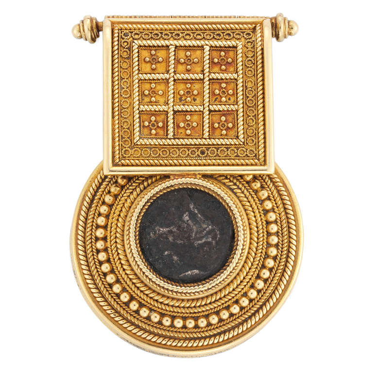 Victorian Castellani Bulla Bronze Medallion Gold Pendant