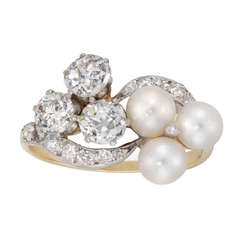Antique Victorian Double Trefoil Pearl and Diamond Ring