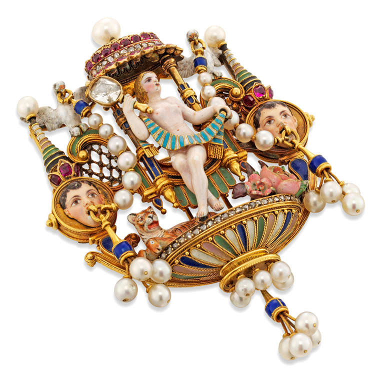 An important Giuliano Renaissance-Revival gold and enamel gem-set brooch, the brooch decorated with the figure of Venus enamelled en ronde bosse, holding up a diamond-set mirror and an enamelled drape, seated under a canopy set with cushion-shaped