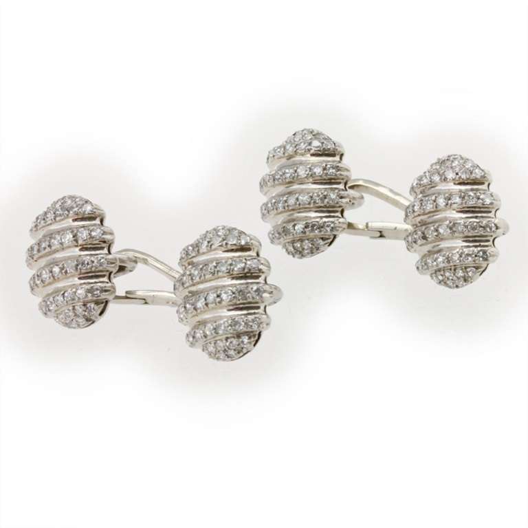 Art Deco Pair of Diamond Set Oval Domed Cufflinks For Sale