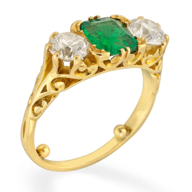 Victorian Three Stone Emerald and Diamond Ring