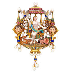 Carlo Giuliano Renaissance-Revival Enamel Diamond Ruby Pearl Gold Brooch 4