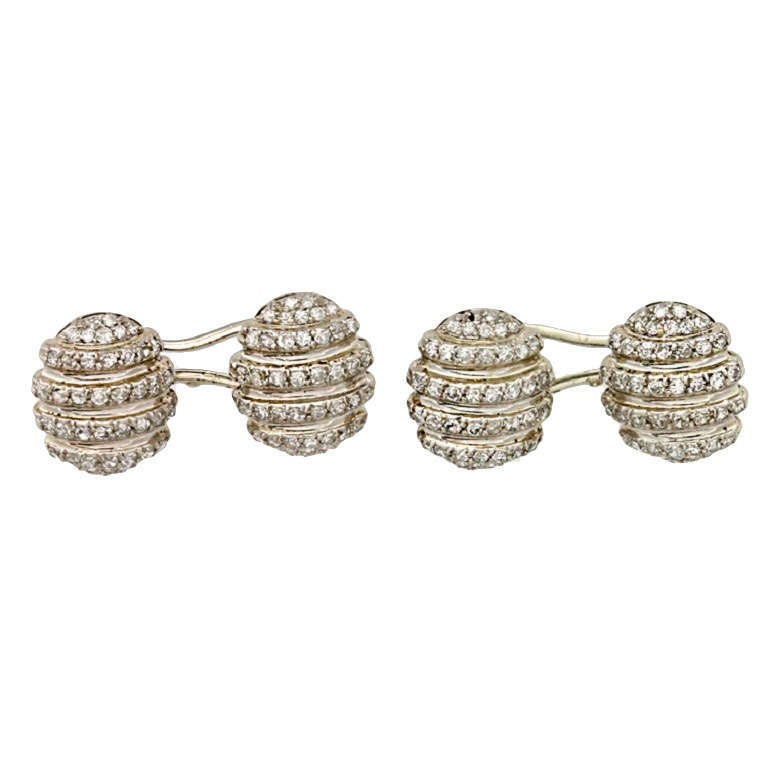 Pair of Diamond Set Oval Domed Cufflinks For Sale