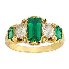 Victorian Emerald Cut Emerald Diamond Five Stone Gold Ring