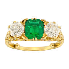 Victorian Three Stone Emerald and Diamond Ring