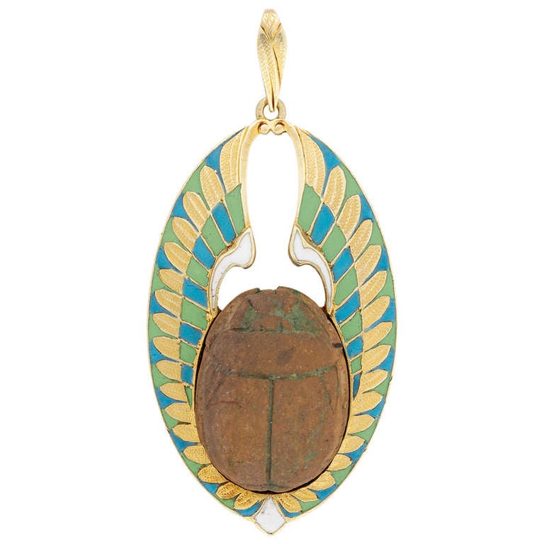 Egyptian Revival Scarab Wing Enamel Gold Pendant