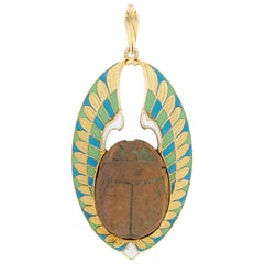 Egyptian Revival Scarab Wing Enamel Gold Pendant