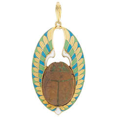 Egyptian Revival Scarab Wing Enamel Gold Pendant 10