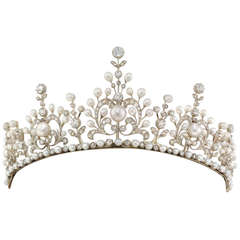 Feine viktorianische natürliche Perle und Diamant Tiara Halskette