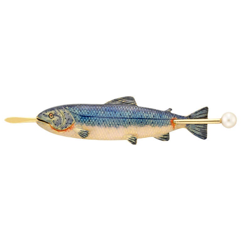 Fischbrosche im viktorianischen Stil, blau-rosa emailliert, Perle Gold