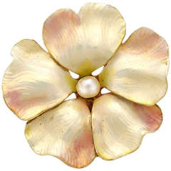 Victorian Yellow Pink Opalescent Enamel Pearl Gold Flower Brooch