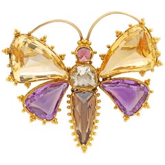 Victorian Citrine Amethyst Garnet Quartz Gold Butterfly Brooch