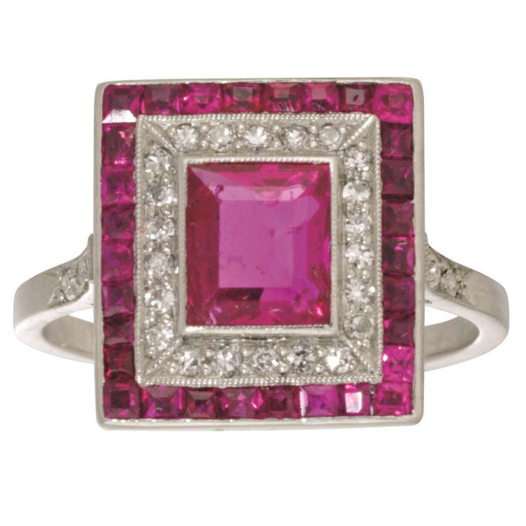 Art Deco Ruby Diamond Platinum Double Cluster Ring For Sale