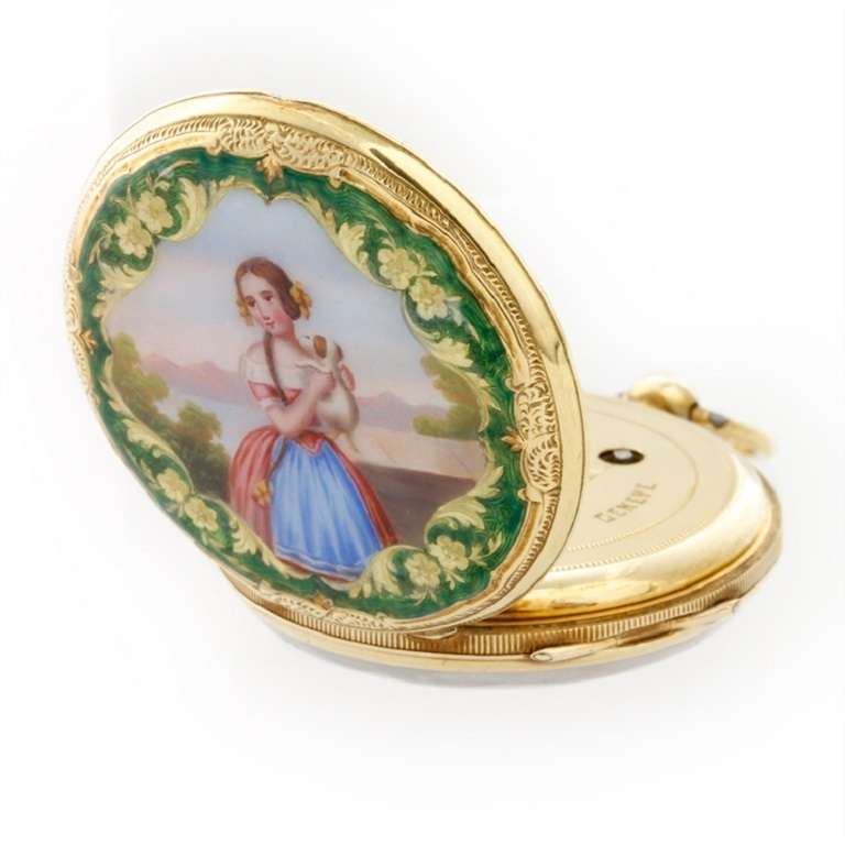 Georgian Yellow Gold and Enamel Key-Wind Watch Depicting a Girl with a Puppy circa 1840