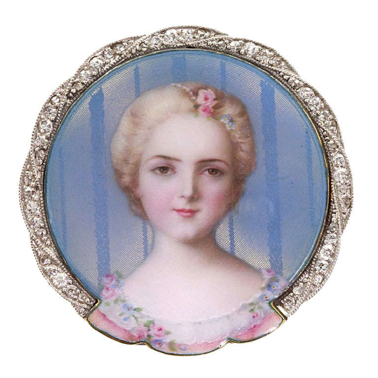 Victorian Enamel Diamond Gold Portrait of a Young Lady Brooch